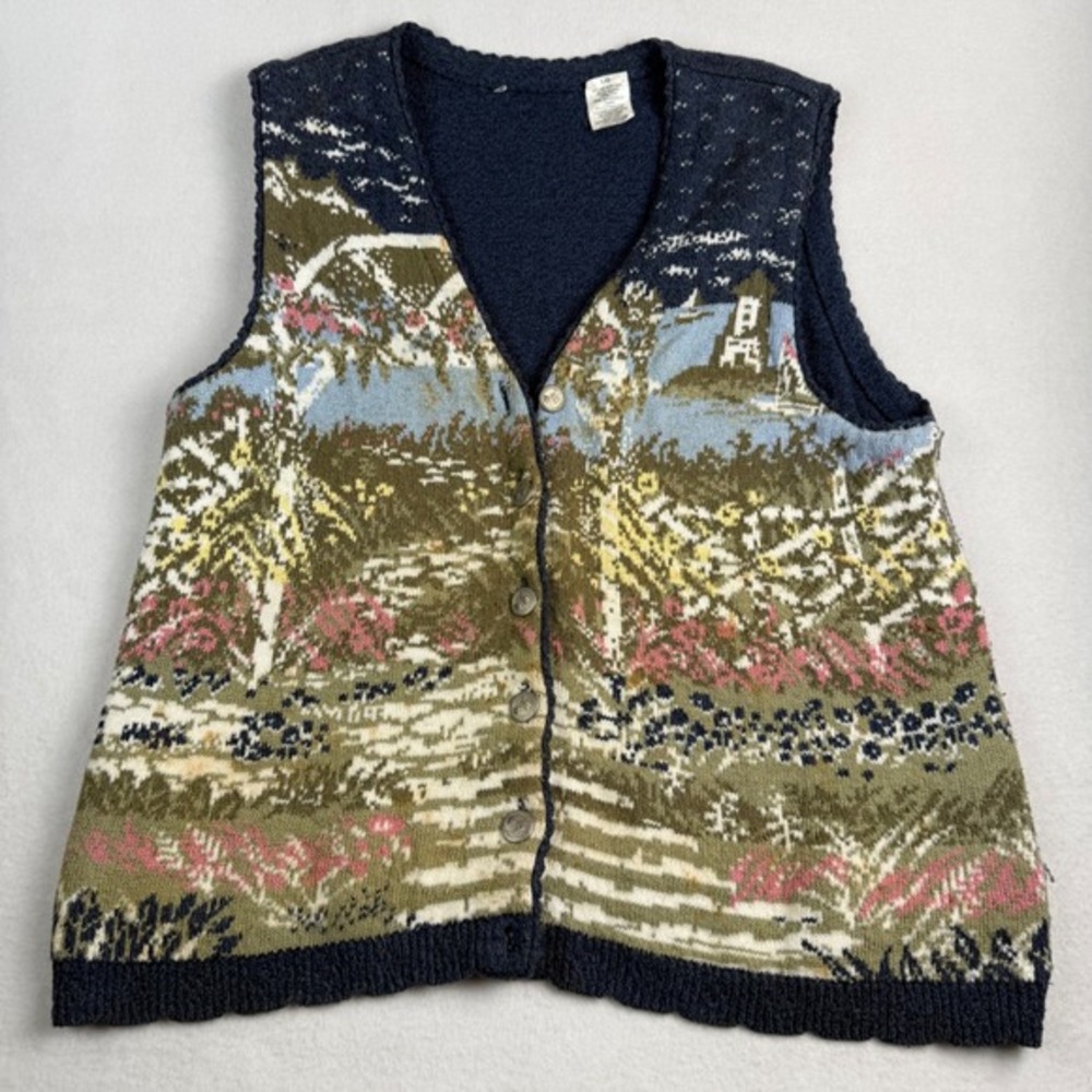 Vintage Northern Reflections Knit Sweater Vest Womens L Blue Button Up